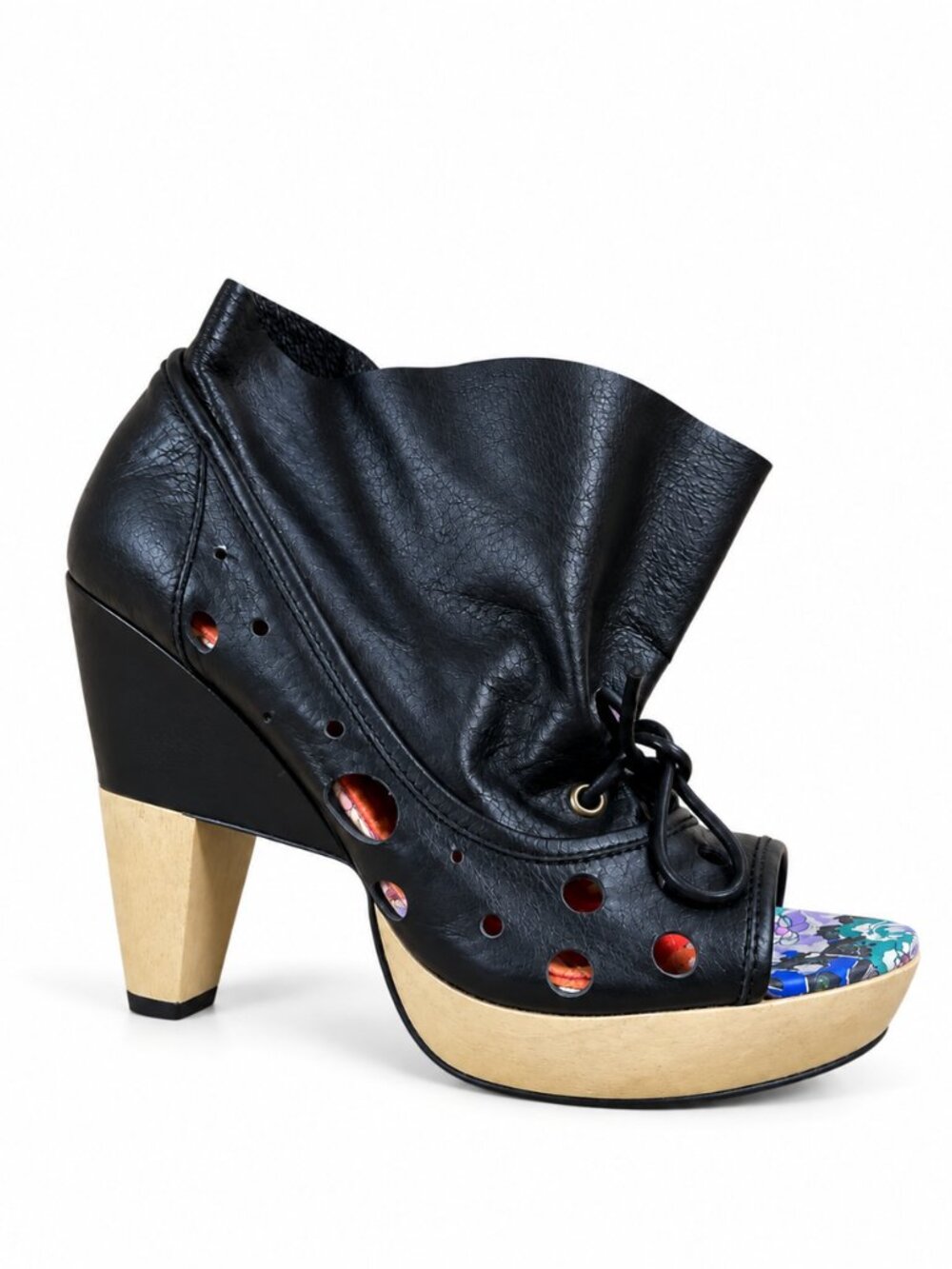 Irregular Choice Soho Sunshine Leather Booties Wood Heel Peep Toe Black New